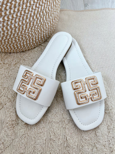 White glitzy sandals